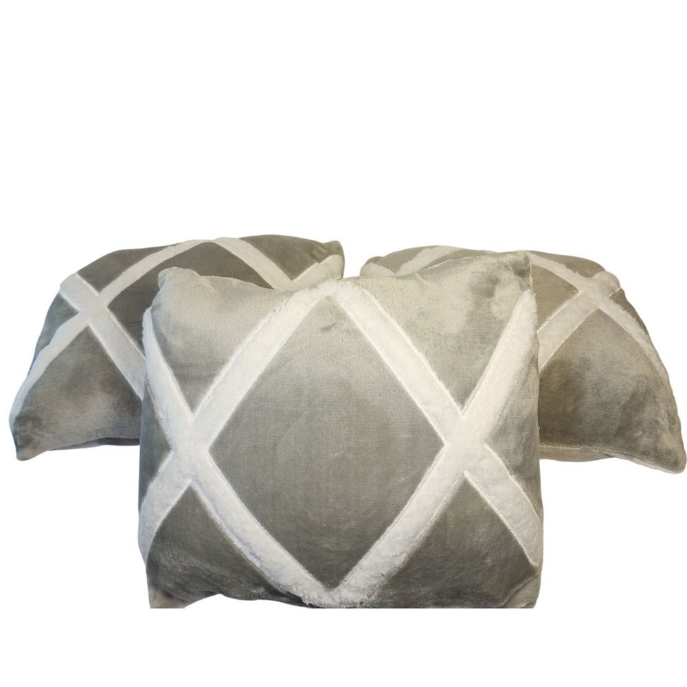 3 Gray‎ White Geometric Diamond Buffalo Plaid Reversible Plush Pillows 16x12